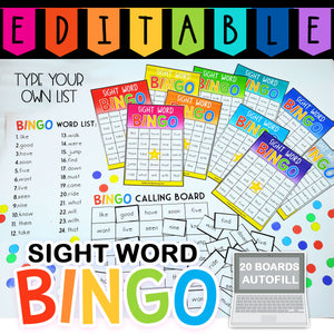 Editable Sight Word BINGO Game Pack
